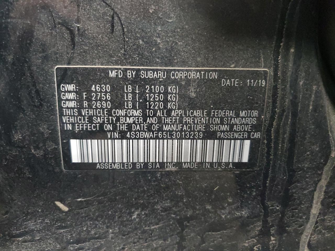 2020 Subaru Legacy VIN 4S3BWAF65L3013239 Copart auction photo, front end / rear end damage thumbnail 14