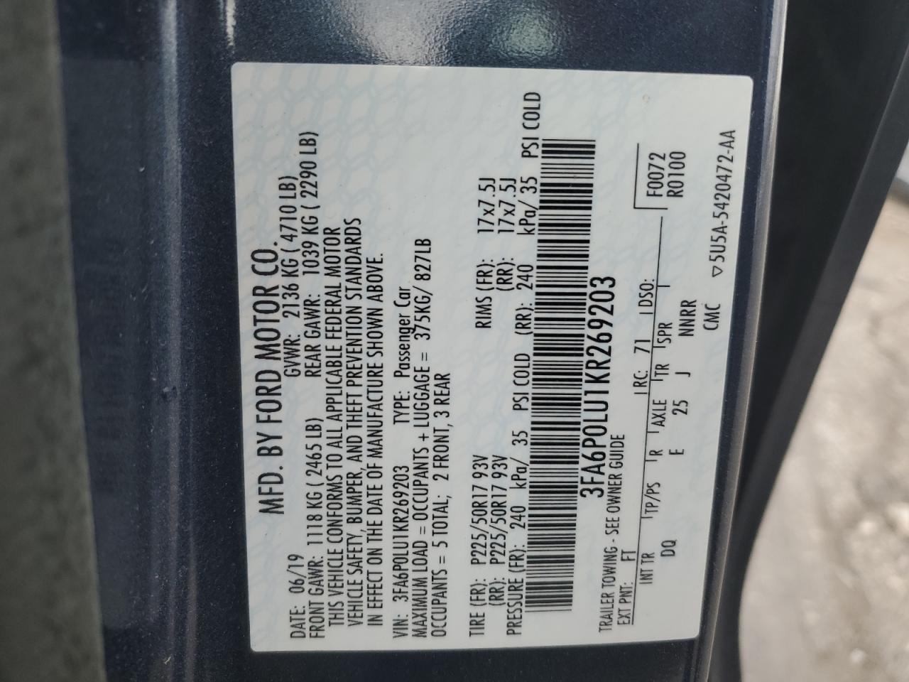 2019 Ford Fusion VIN 3FA6P0LU1KR269203 Copart auction photo, front end / rear end damage thumbnail 14