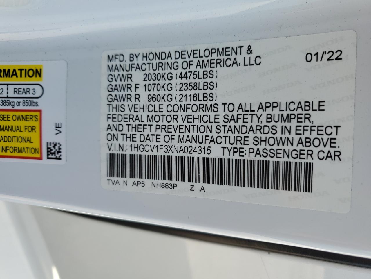 2022 Honda Accord VIN 1HGCV1F3XNA024315 Copart auction photo, side damage thumbnail 14