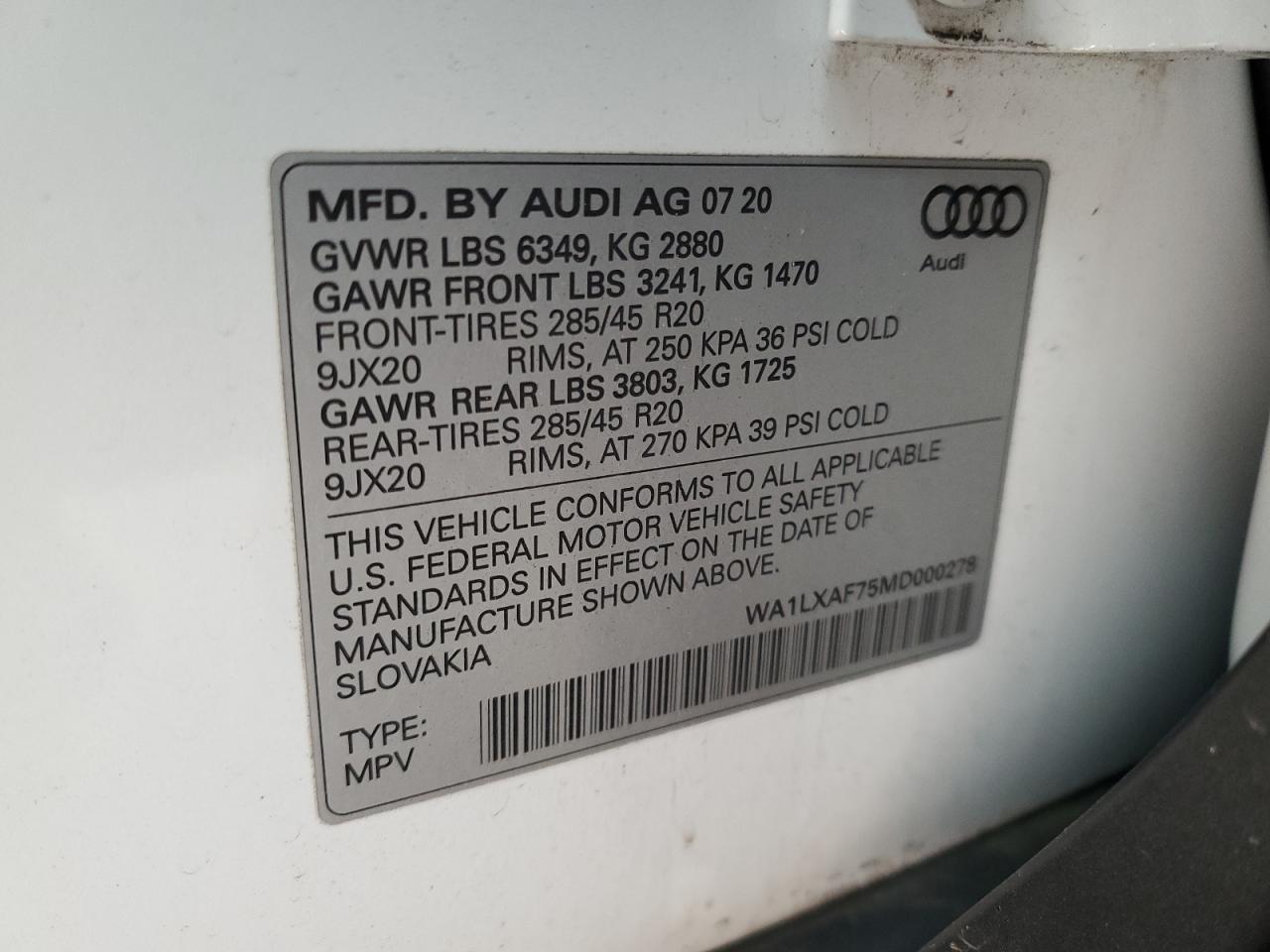 2021 Audi Q7 VIN WA1LXAF75MD000278 Copart auction photo, front end / mechanical damage thumbnail 13