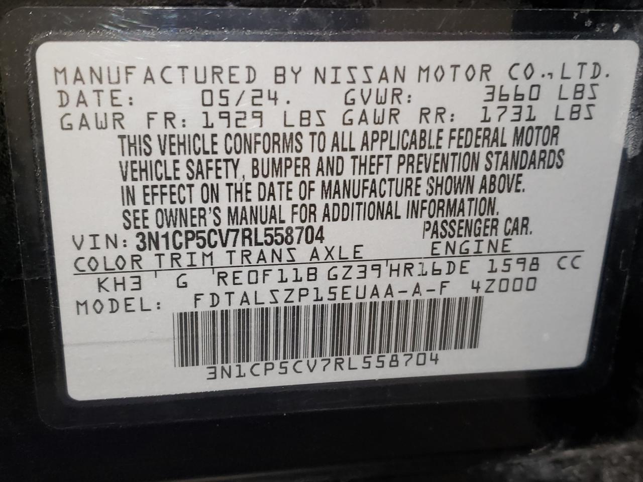 2024 Nissan Kicks VIN 3N1CP5CV7RL558704 Copart auction photo, front end / frame damage damage thumbnail 14