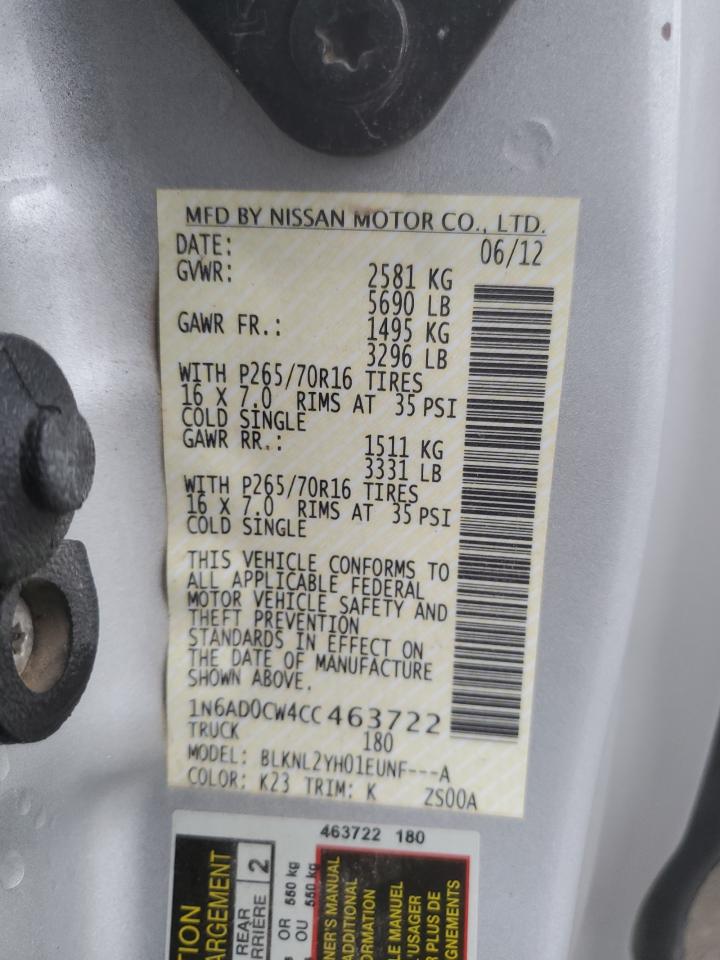 2012 Nissan Navara (Frontier) VIN 1N6AD0CW4CC463722 Copart auction photo, side damage thumbnail 12