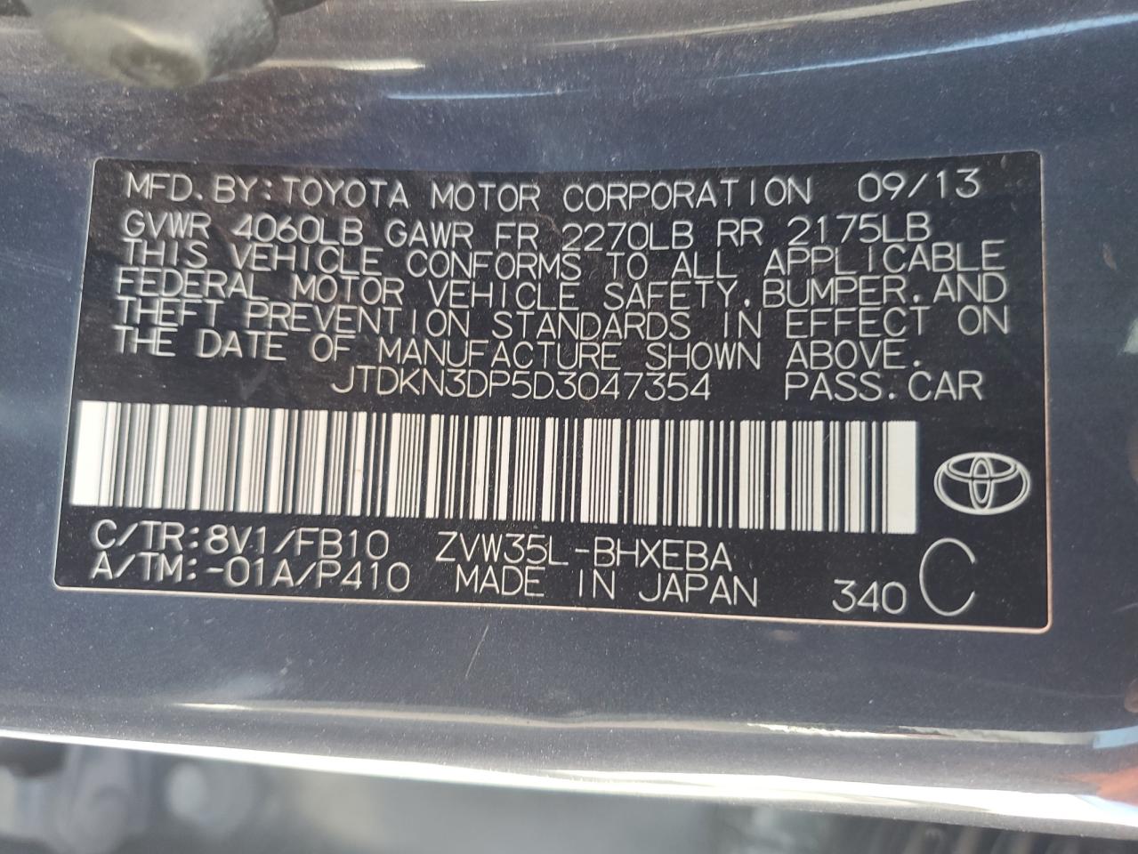 2013 Toyota Prius VIN JTDKN3DP5D3047354 Copart auction photo, water/flood damage thumbnail 13