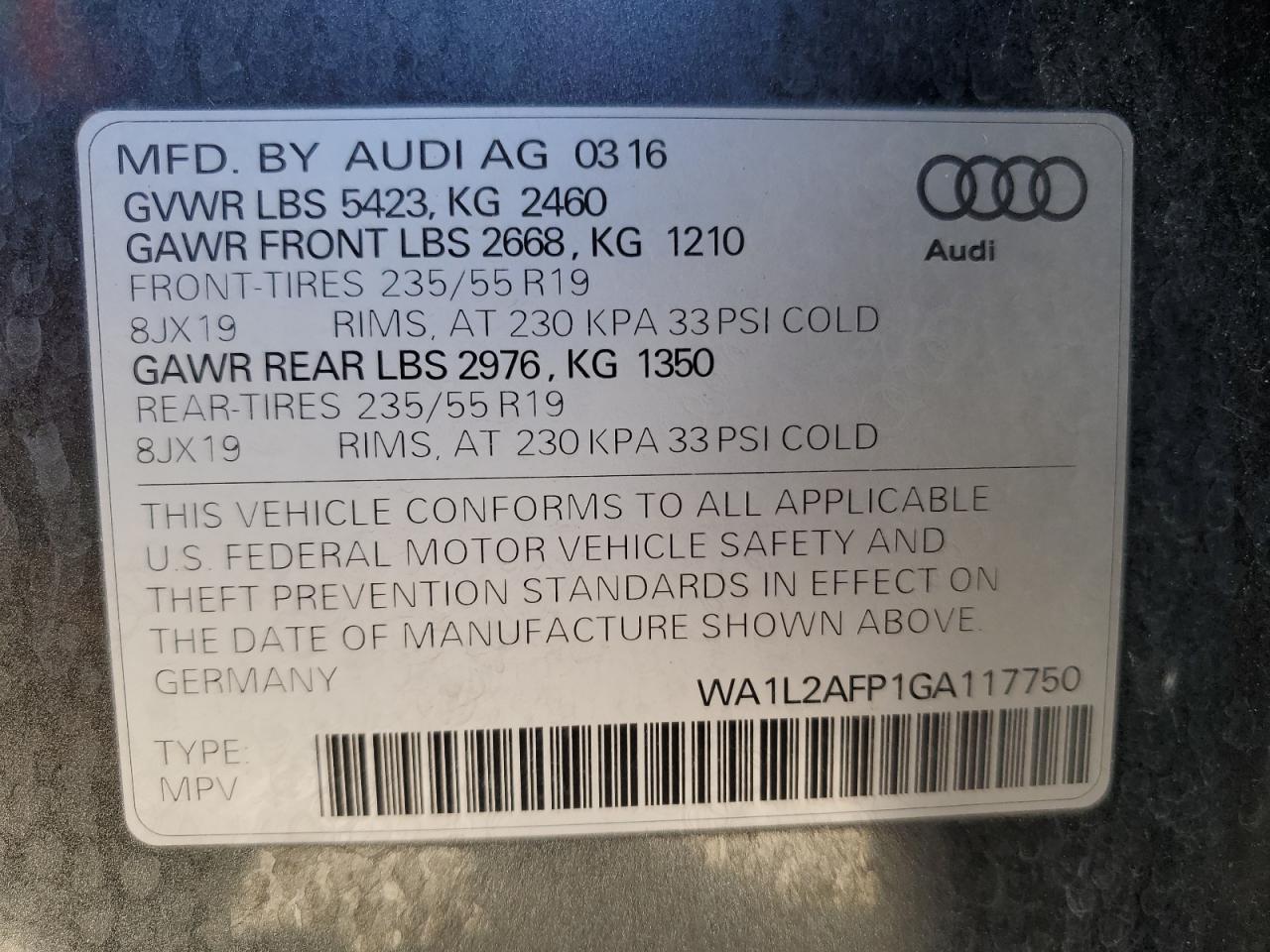 2016 Audi Q5 VIN WA1L2AFP1GA117750 Copart auction photo, front end / minor dent/scratches damage thumbnail 13