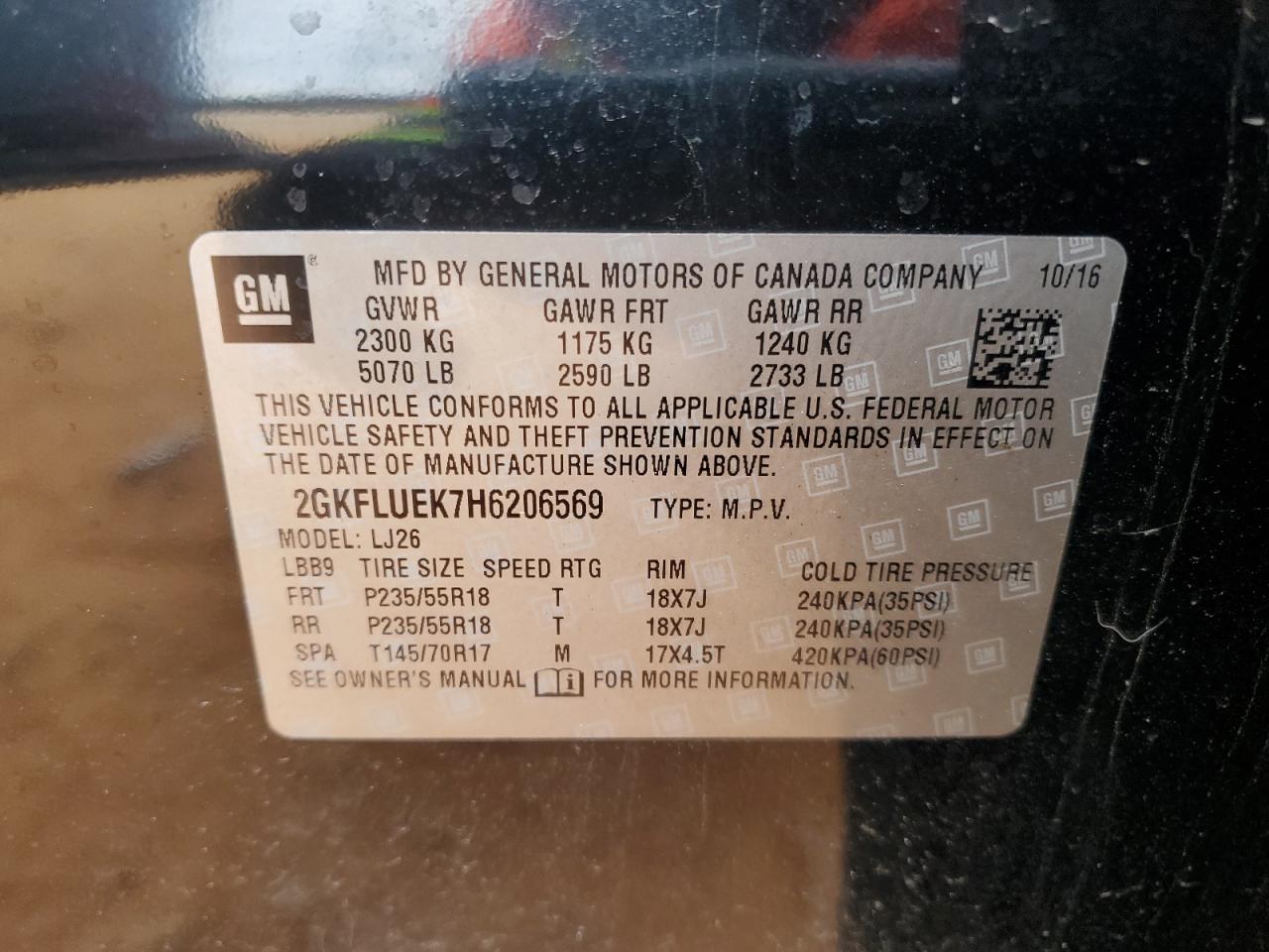 2017 GMC Terrain VIN 2GKFLUEK7H6206569 Copart auction photo, rear end / side damage thumbnail 12