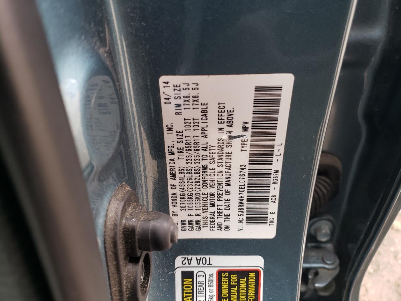 2014 Honda CR-V VIN 5J6RM4H70EL076743 Copart auction photo, rear end / minor dent/scratches damage thumbnail 13