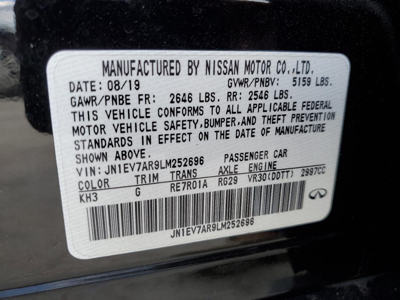 2020 Infiniti Q50 VIN JN1EV7AR9LM252696 Copart auction photo, side / front end damage thumbnail 12