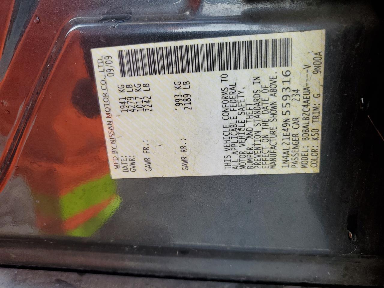 2009 Nissan Altima VIN 1N4AL21E49N559316 Copart auction photo, front end / side damage thumbnail 12