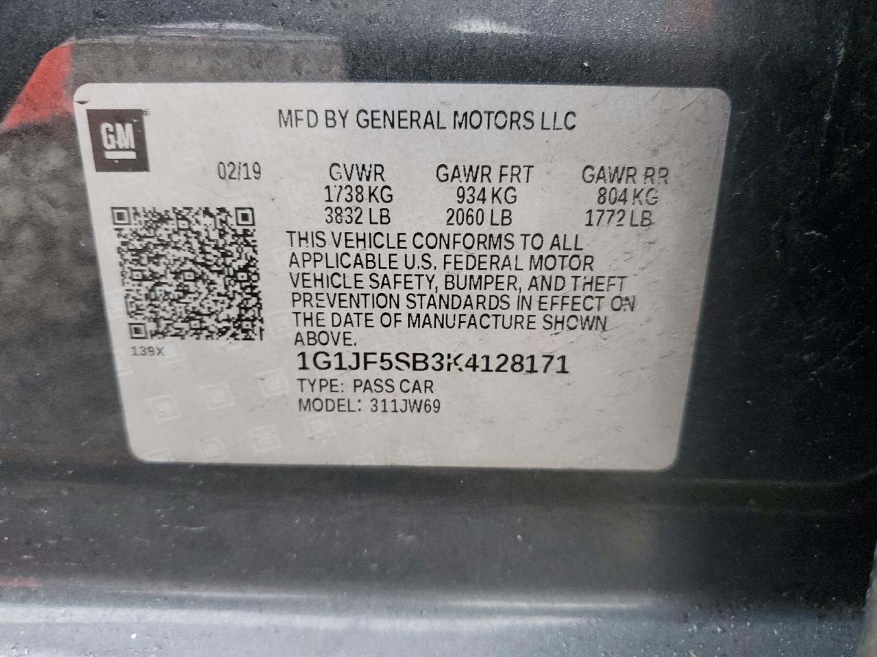 2019 Chevrolet Sonic VIN 1G1JF5SB3K4128171 Copart auction photo, front end damage thumbnail 12