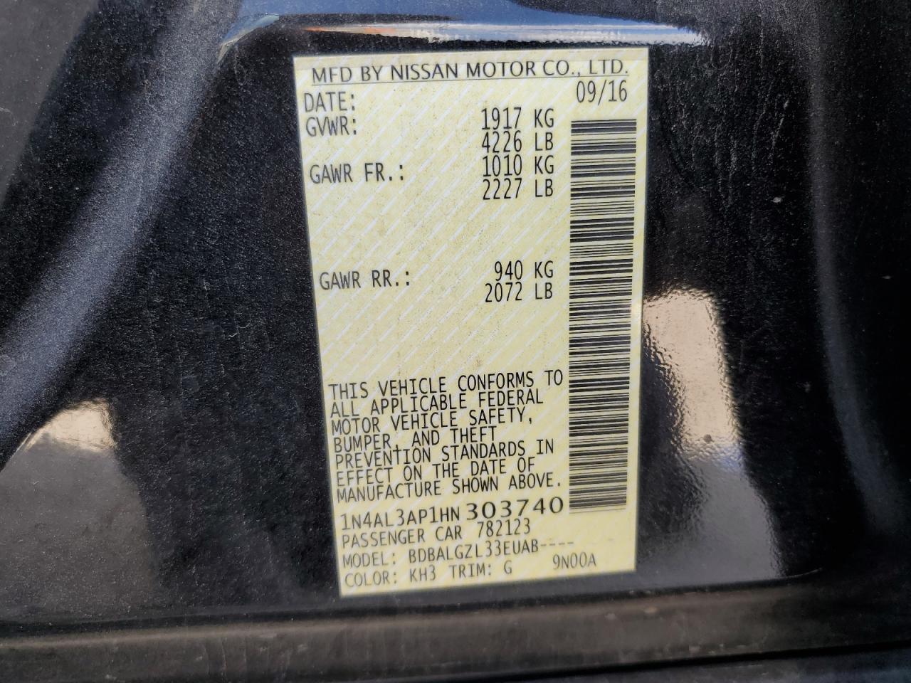 2017 Nissan Altima VIN 1N4AL3AP1HN303740 Copart auction photo, front end / rear end damage thumbnail 14