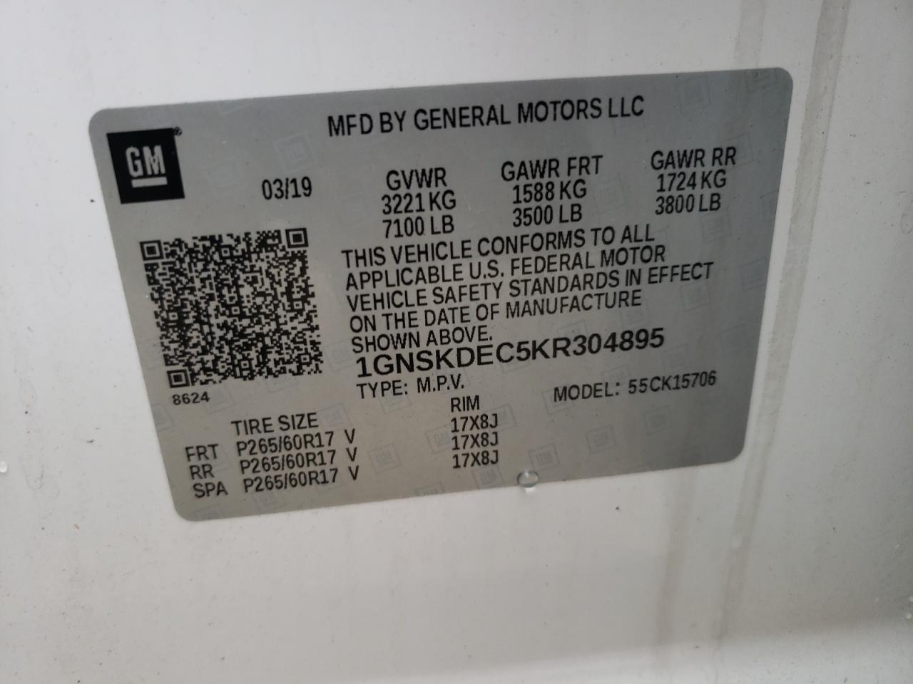 2019 Chevrolet Tahoe VIN 1GNSKDEC5KR304895 Copart auction photo, normal wear damage thumbnail 14