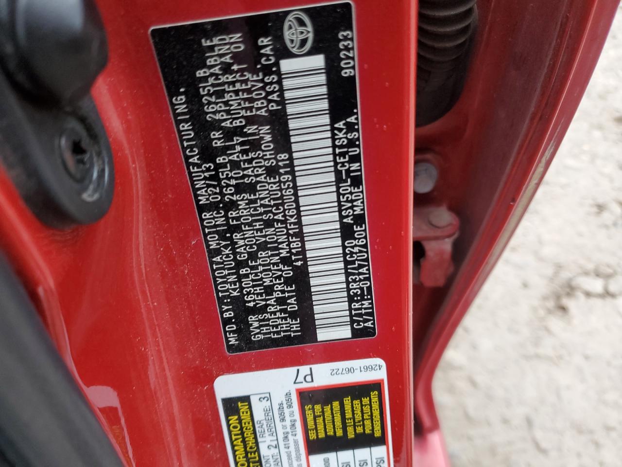 2013 Toyota Camry VIN 4T1BF1FK6DU659118 Copart auction photo, all over damage thumbnail 12
