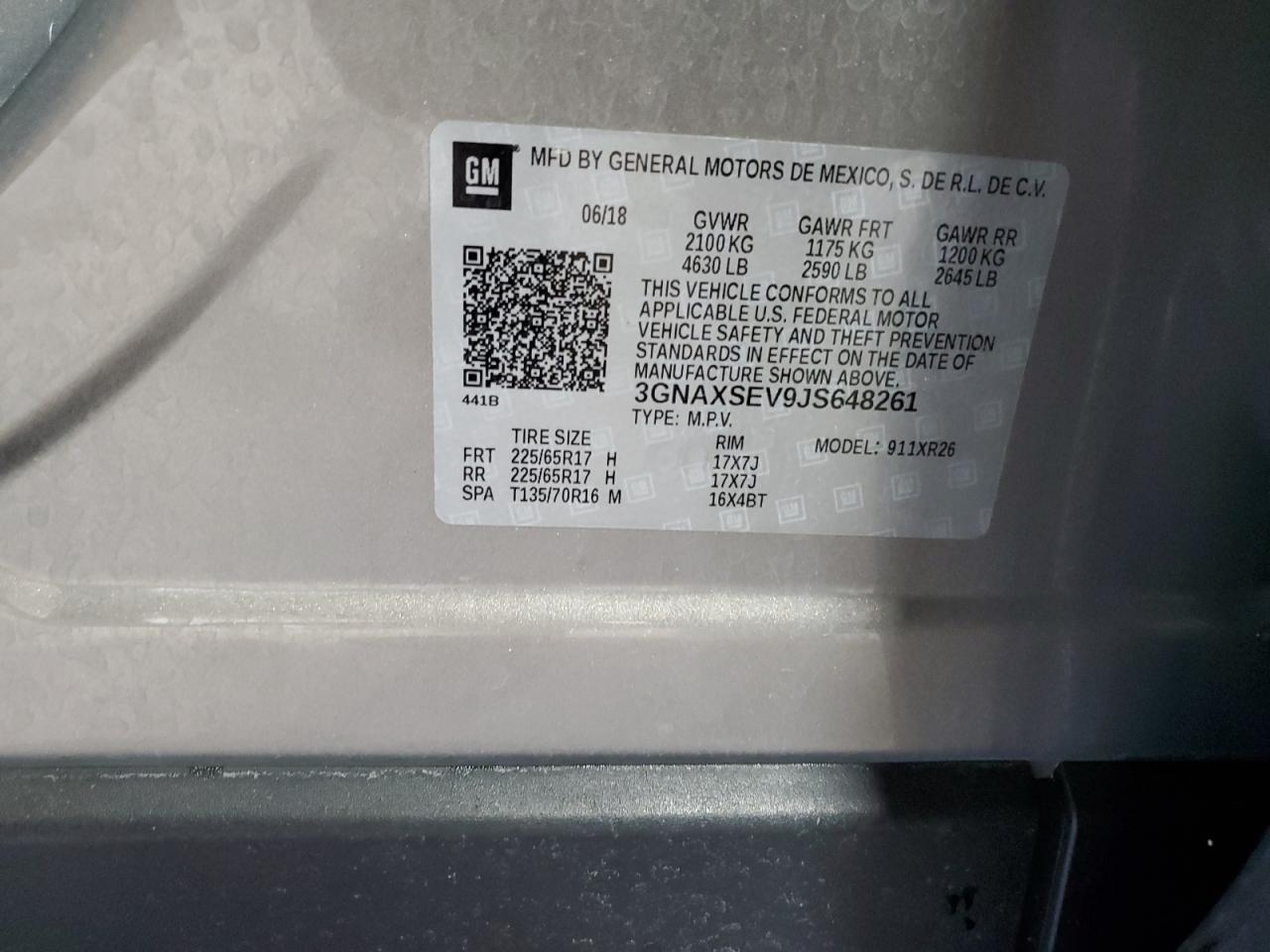 2018 Chevrolet Equinox VIN 3GNAXSEV9JS648261 Copart auction photo, side damage thumbnail 13