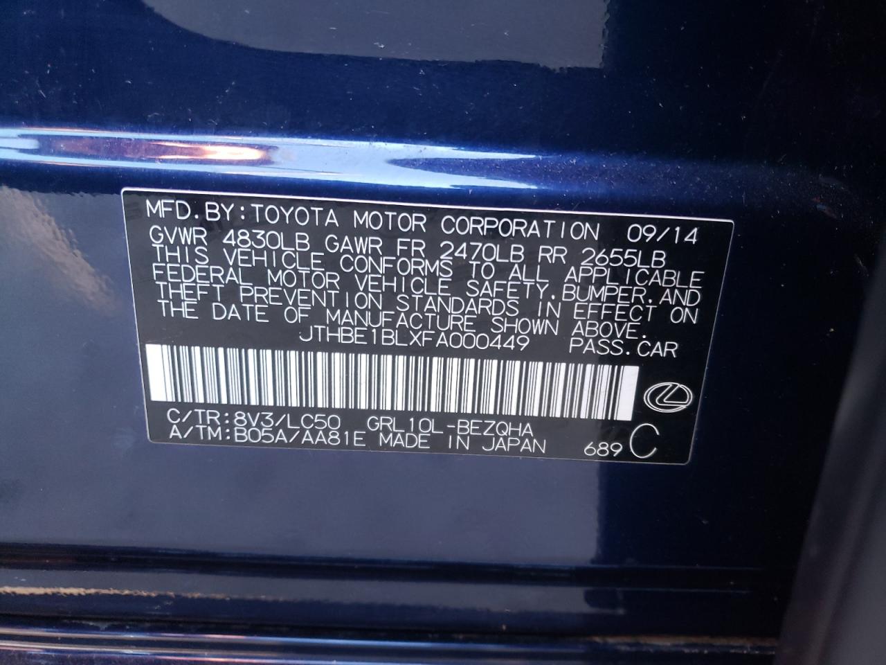 2015 Lexus GS VIN JTHBE1BLXFA000449 Copart auction photo, top/roof damage thumbnail 12