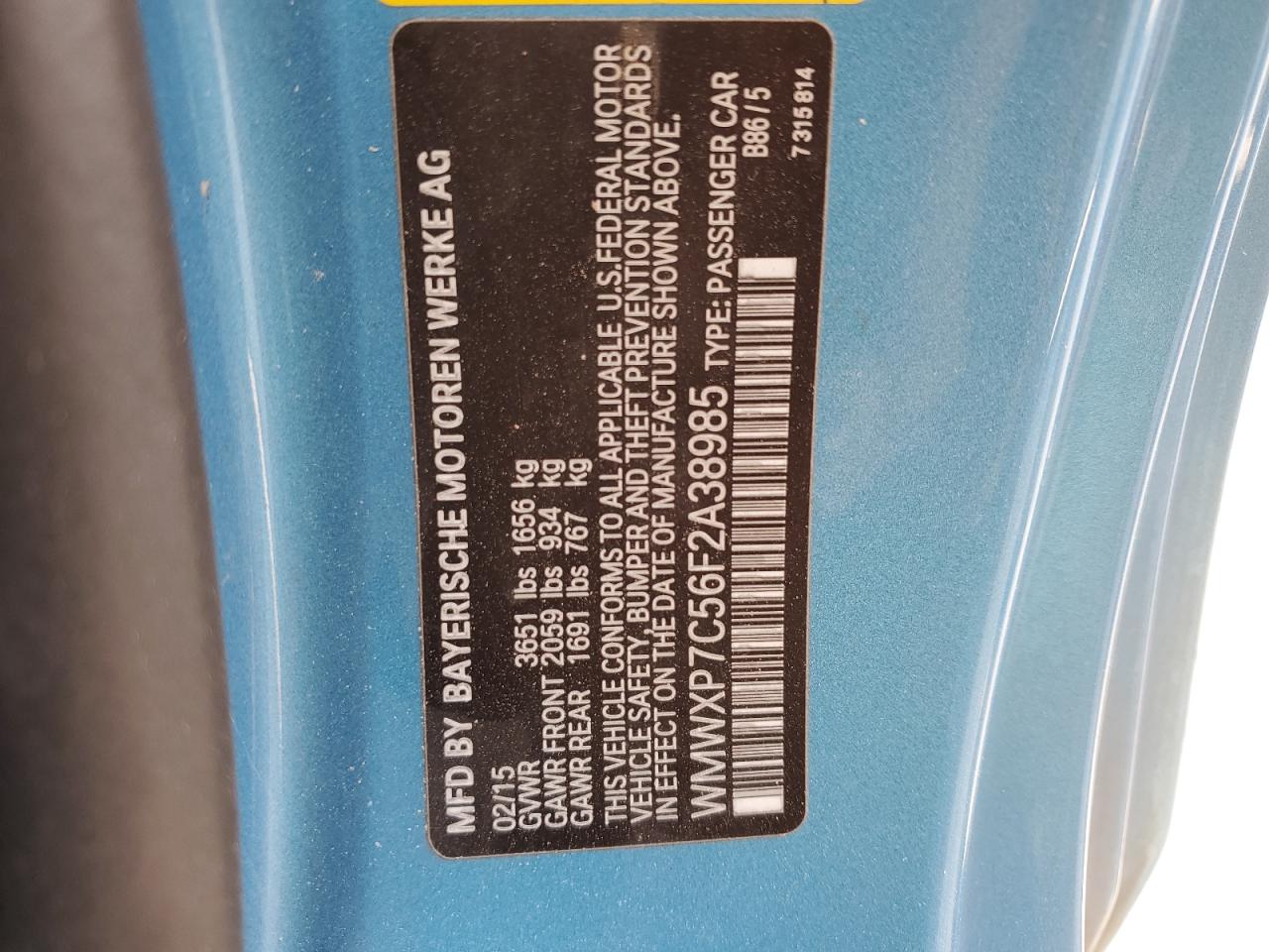 2015 MINI Cooper VIN WMWXP7C56F2A38985 Copart auction photo, mechanical damage thumbnail 12