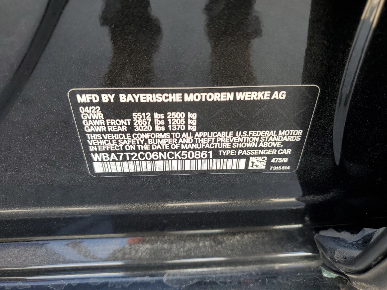 2022 BMW 7er VIN WBA7T2C06NCK50861 Copart auction photo, front end / side damage thumbnail 14