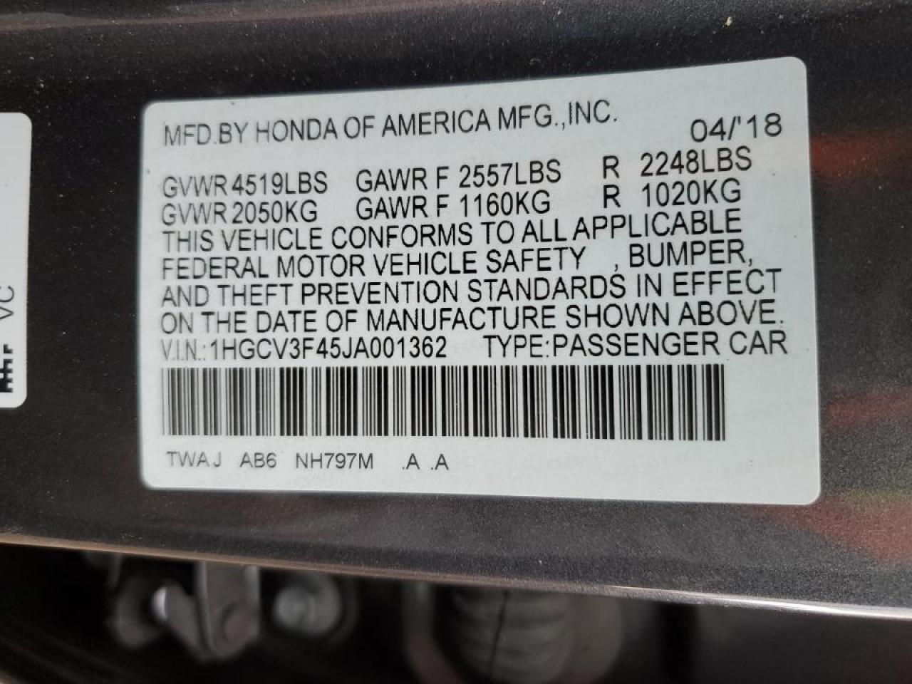 2018 Honda Accord VIN 1HGCV3F45JA001362 Copart auction photo, front end damage thumbnail 13