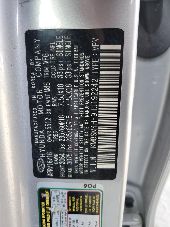2017 Hyundai Santa Fe VIN KM8SM4HF9HU192242 Copart auction photo, mechanical / side damage thumbnail 13