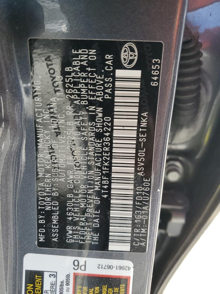 2014 Toyota Camry VIN 4T4BF1FK2ER364220 Copart auction photo, rear end / minor dent/scratches damage thumbnail 13