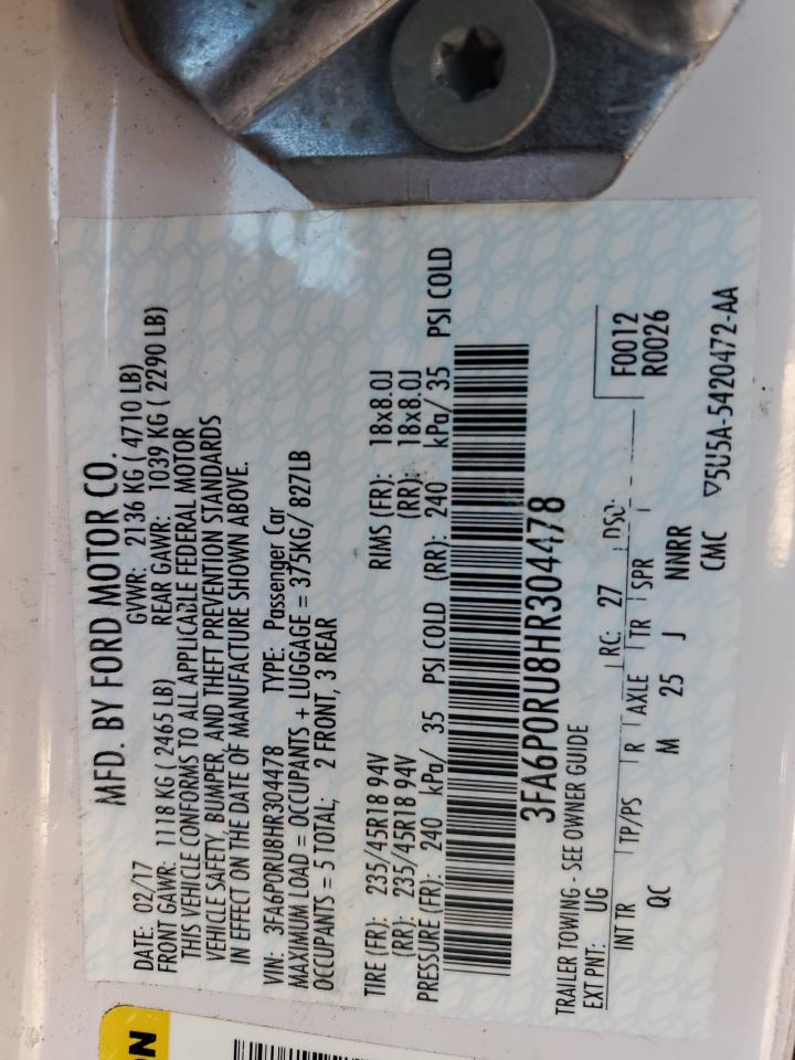 2017 Ford Fusion VIN 3FA6P0RU8HR304478 Copart auction photo, front end / side damage thumbnail 13