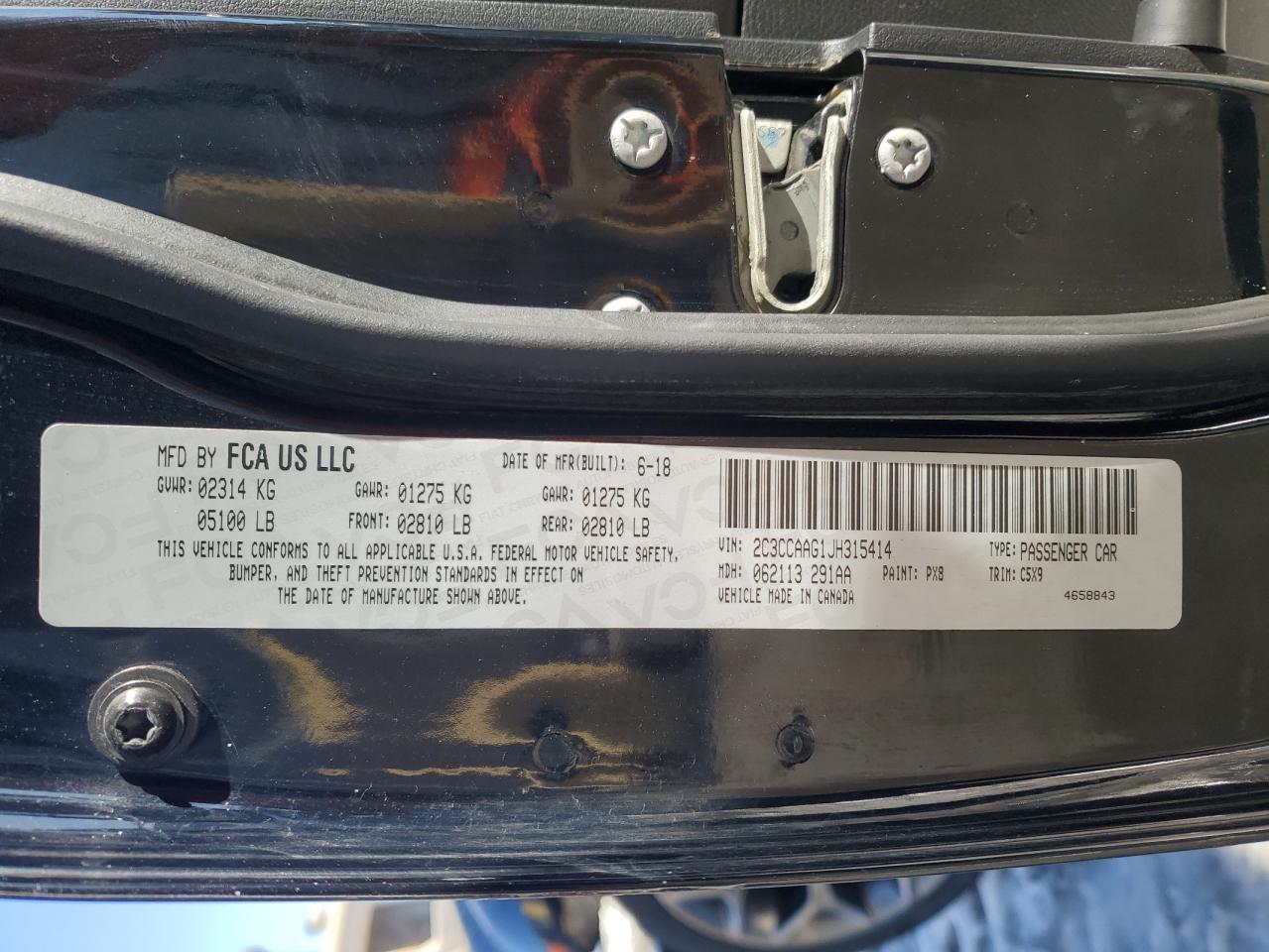 2018 Chrysler 300 VIN 2C3CCAAG1JH315414 Copart auction photo, front end damage thumbnail 13