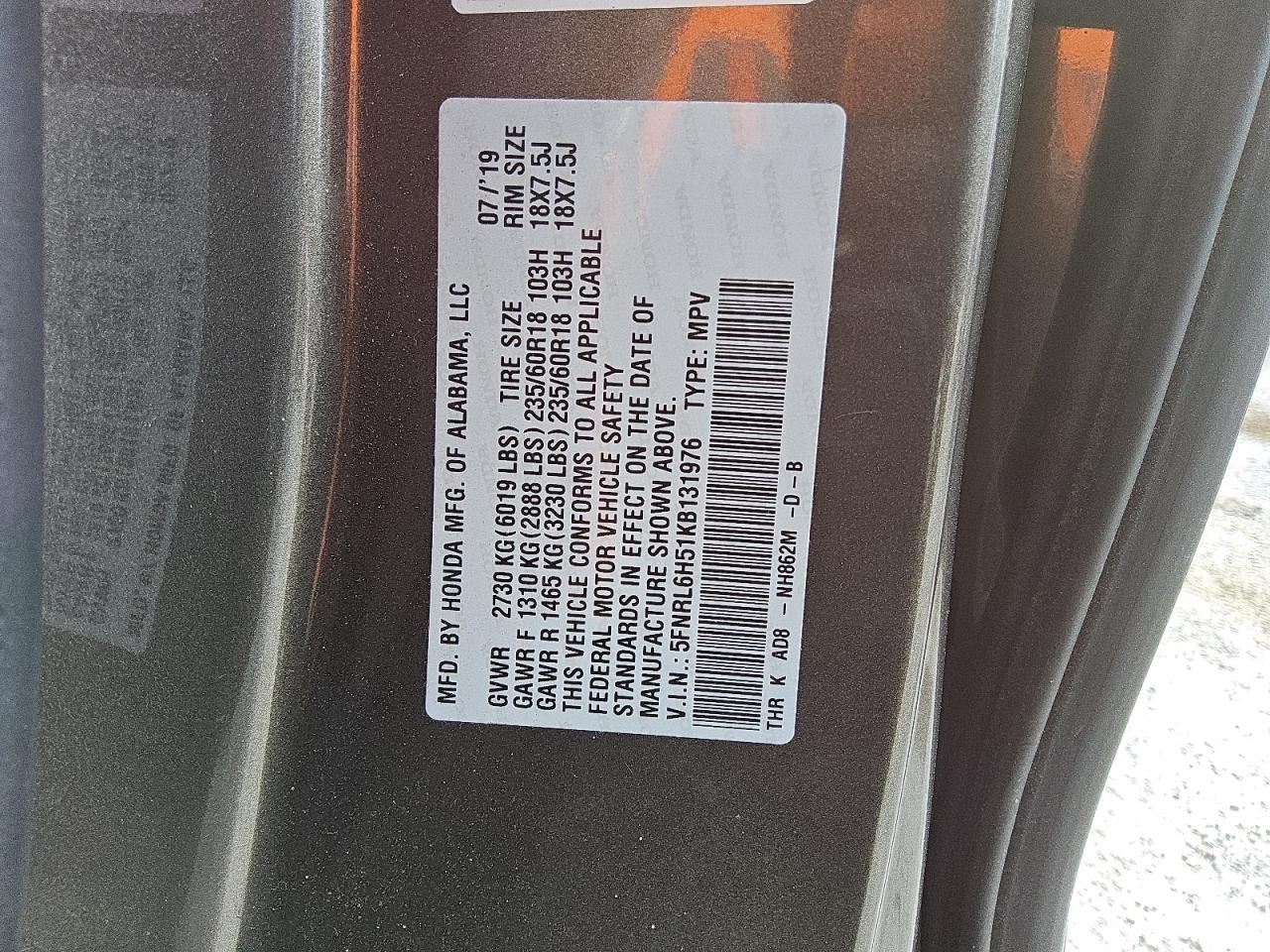 2019 Honda Odyssey VIN 5FNRL6H51KB131976 Copart auction photo, front end damage thumbnail 14