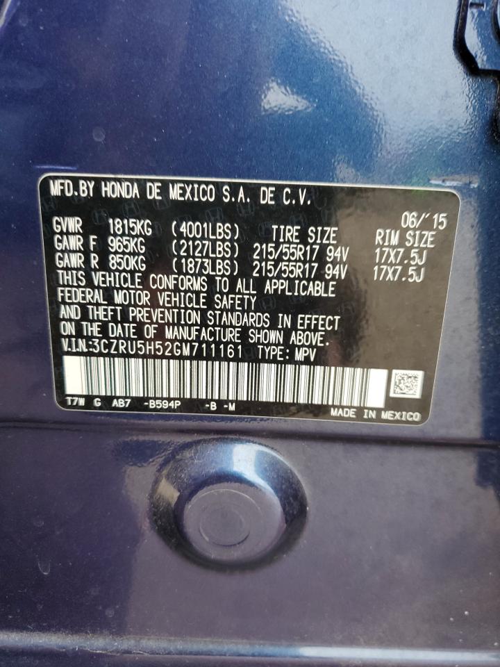 2016 Honda HR-V VIN 3CZRU5H52GM711161 Copart auction photo, front end / rear end damage thumbnail 13