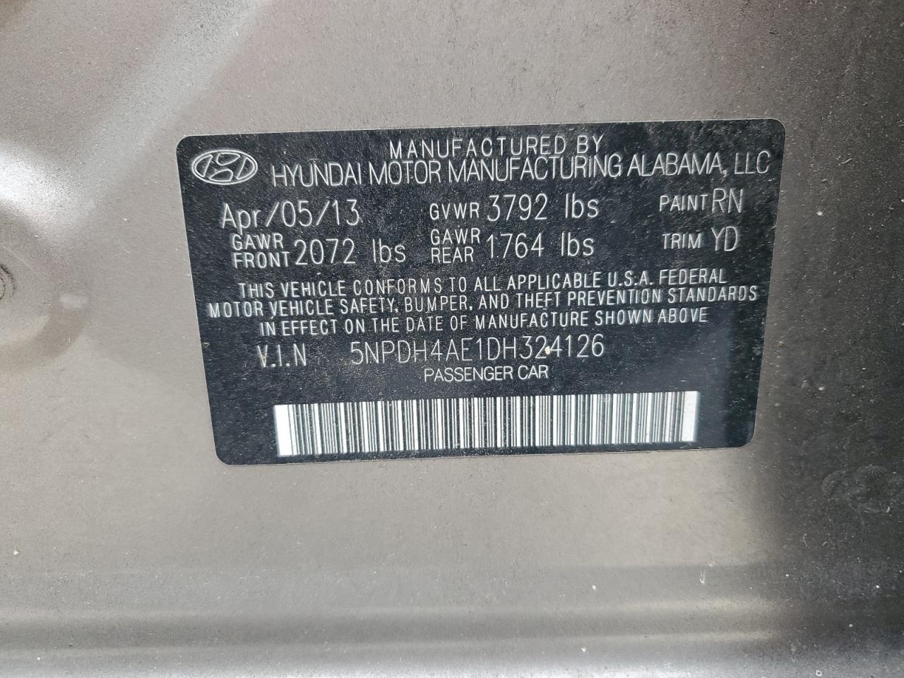 2013 Hyundai Elantra VIN 5NPDH4AE1DH324126 Copart auction photo, front end / side damage thumbnail 12
