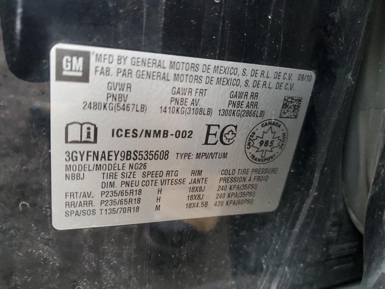 2011 Cadillac SRX VIN 3GYFNAEY9BS535608 Copart auction photo, water/flood / front end damage thumbnail 12