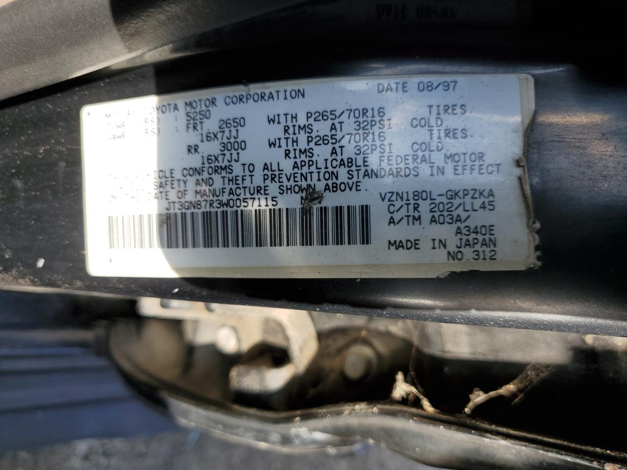 1998 Toyota 4Runner VIN JT3GN87R3W0057115 Copart auction photo, minor dent/scratches damage thumbnail 13