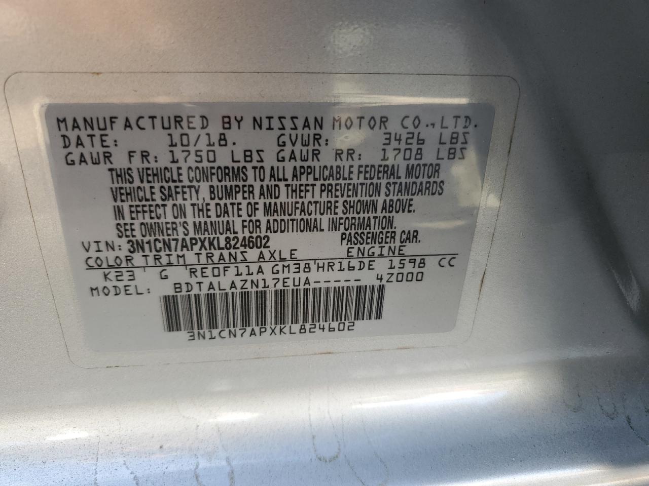 2019 Nissan Versa VIN 3N1CN7APXKL824602 Copart auction photo, front end damage thumbnail 12