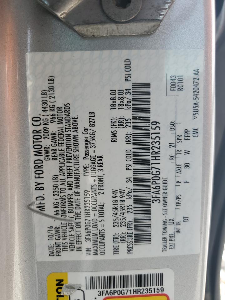 2017 Ford Fusion VIN 3FA6P0G71HR235159 Copart auction photo, rear end damage thumbnail 12