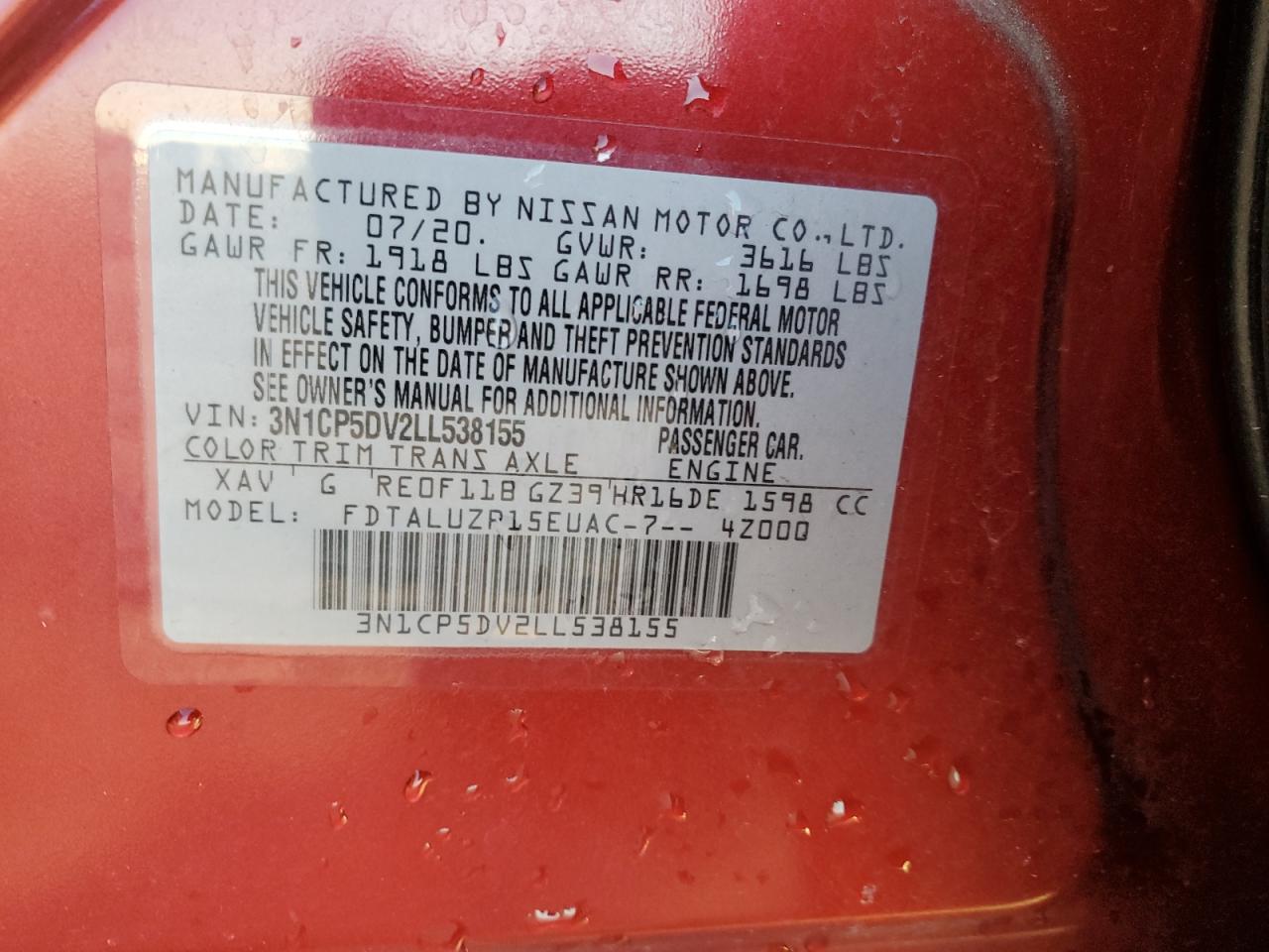 2020 Nissan Kicks VIN 3N1CP5DV2LL538155 Copart auction photo, mechanical damage thumbnail 13