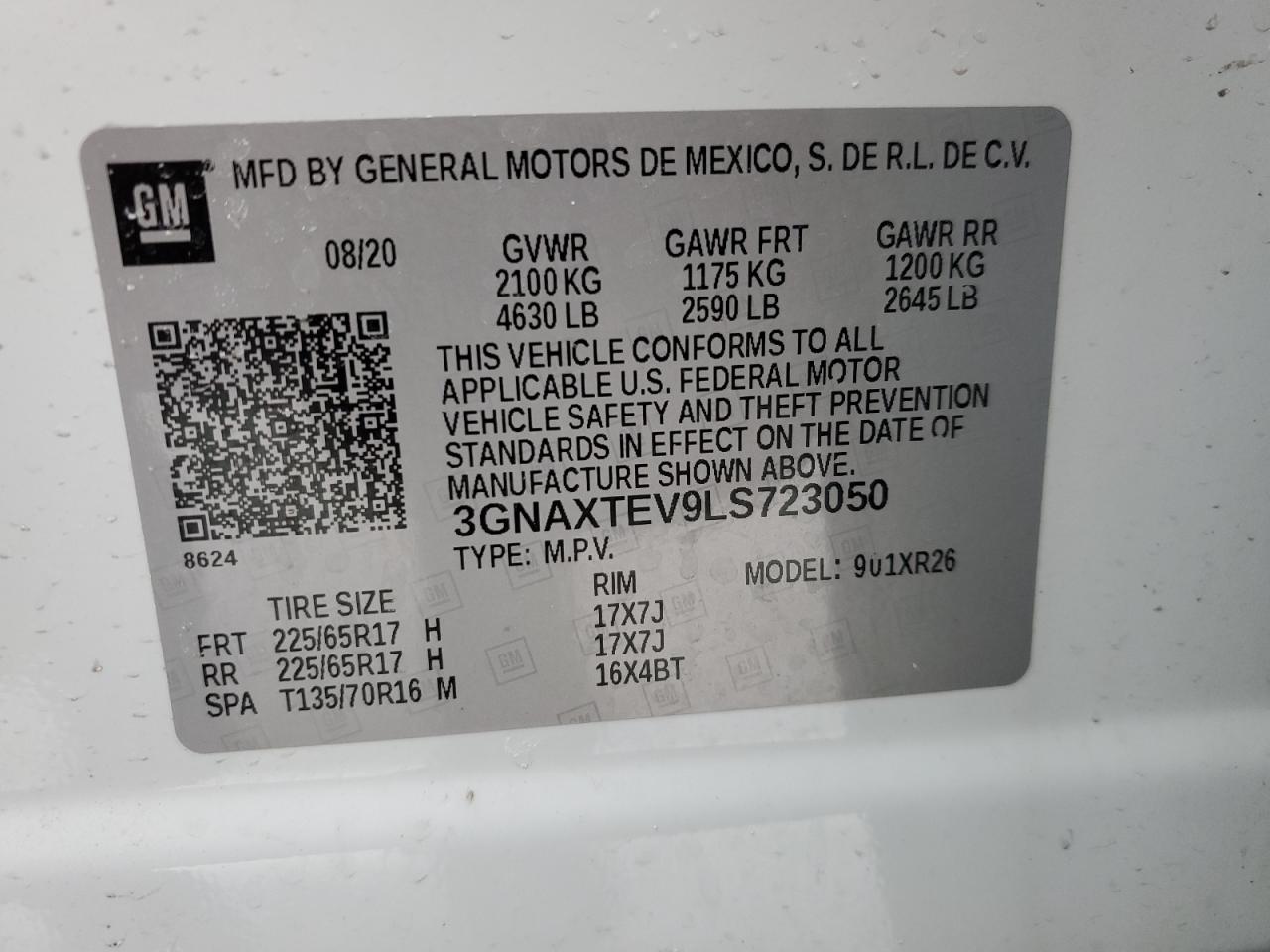 2020 Chevrolet Equinox VIN 3GNAXTEV9LS723050 Copart auction photo, front end damage thumbnail 15