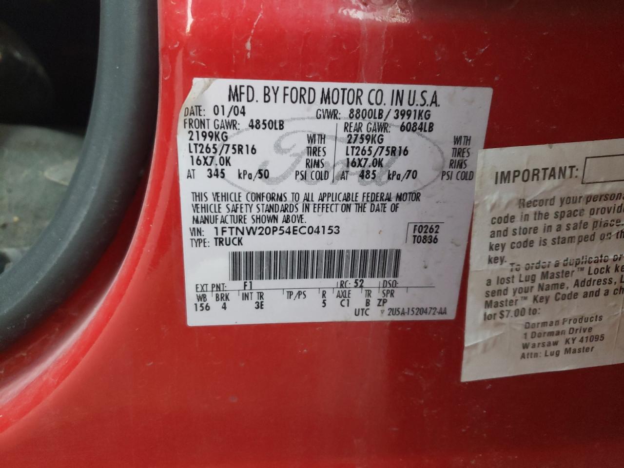 2004 Ford F250 VIN 1FTNW20P54EC04153 Copart auction photo, side / front end damage thumbnail 13