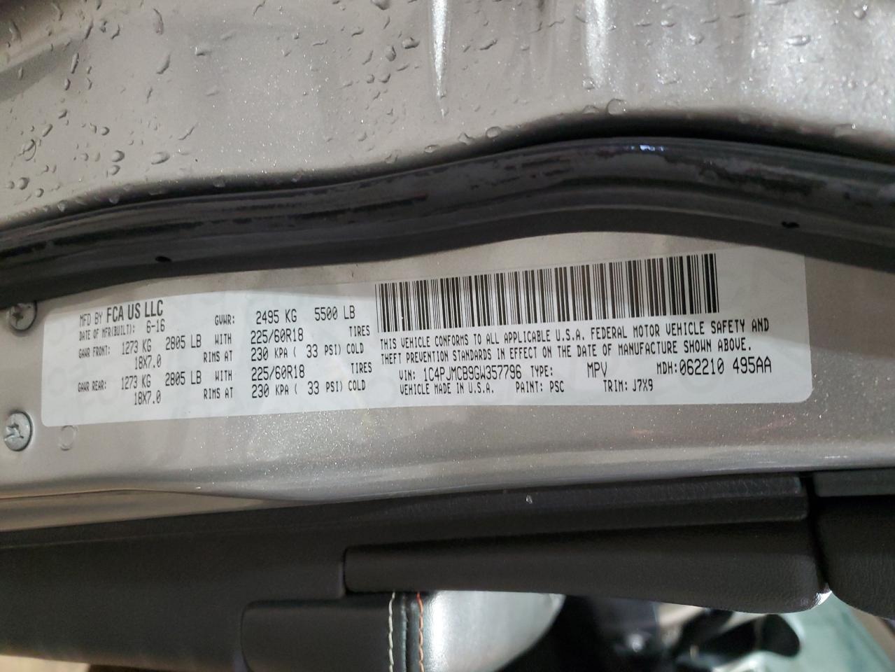 2016 Jeep Grand Cherokee VIN 1C4PJMCB9GW357796 Copart auction photo, side damage thumbnail 12