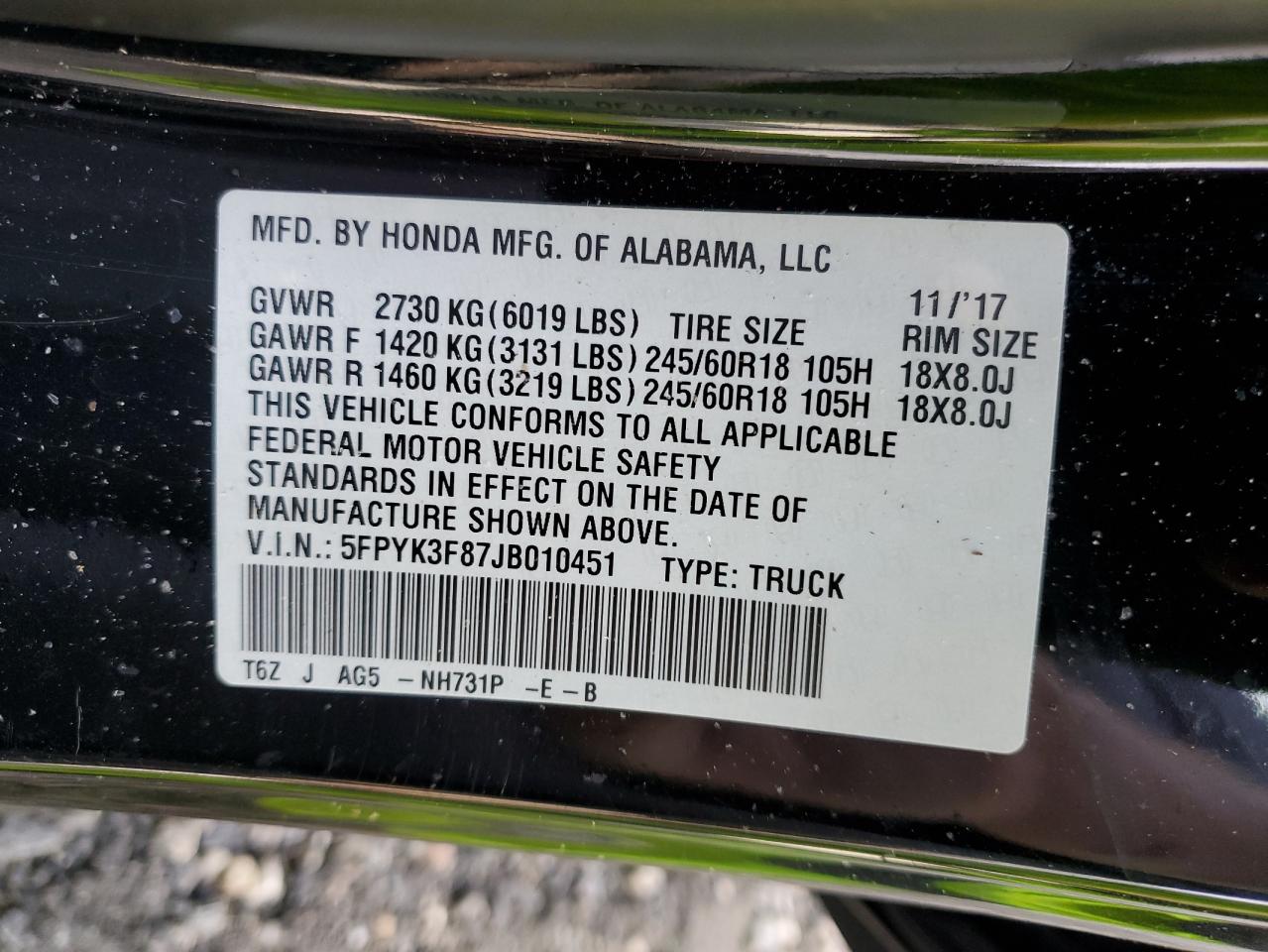 2018 Honda Ridgeline VIN 5FPYK3F87JB010451 Copart auction photo, rear end damage thumbnail 12