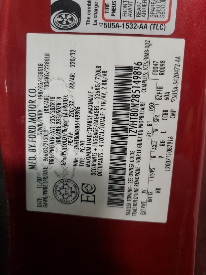 2008 Ford Mustang VIN 1ZVHT80N285149896 Copart auction photo, minor dent/scratches / normal wear damage thumbnail 12