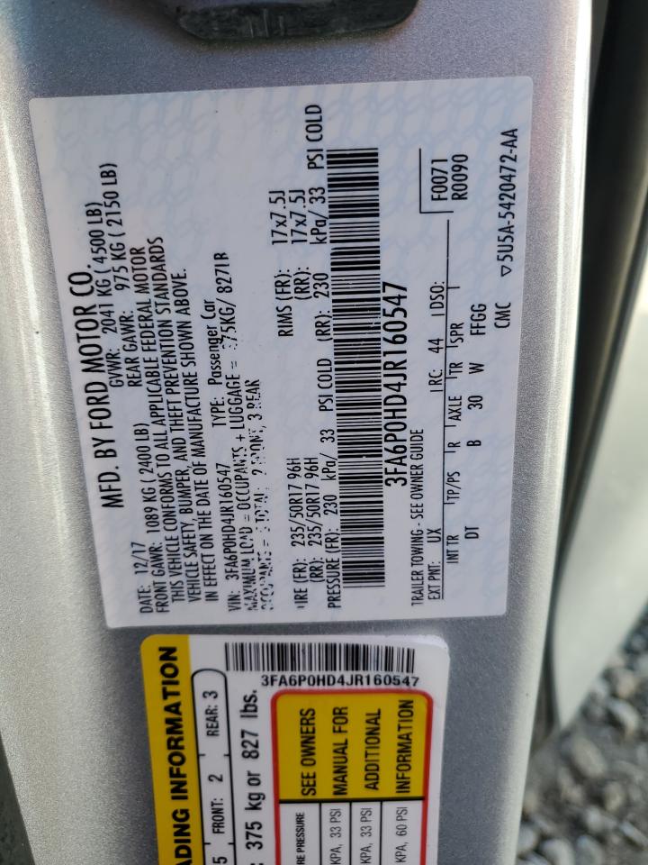 2018 Ford Fusion VIN 3FA6P0HD4JR160547 Copart auction photo, front end damage thumbnail 12