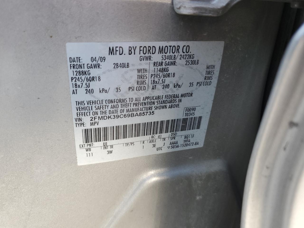 2009 Ford Edge VIN 2FMDK39C69BA85735 Copart auction photo, side / front end damage thumbnail 12