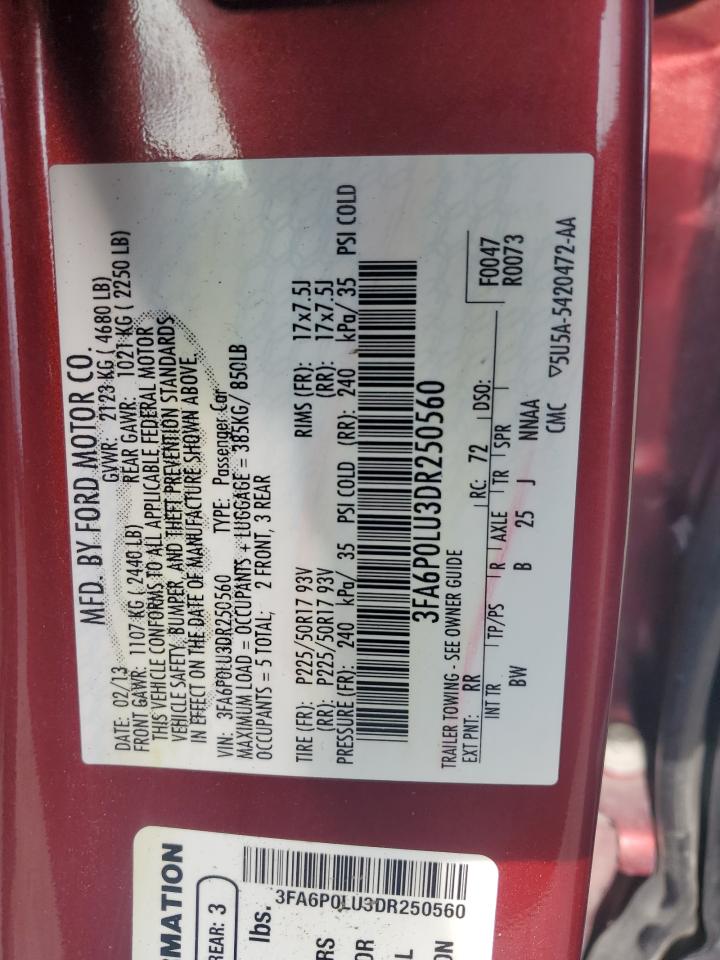 2013 Ford Fusion VIN 3FA6P0LU3DR250560 Copart auction photo, rear end damage thumbnail 12