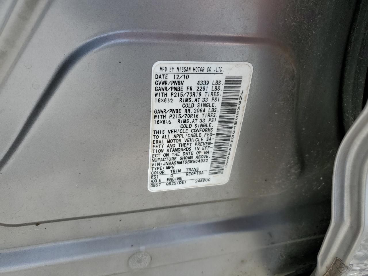 2011 Nissan Rogue VIN JN8AS5MT0BW564932 Copart auction photo, front end / rear end damage thumbnail 13
