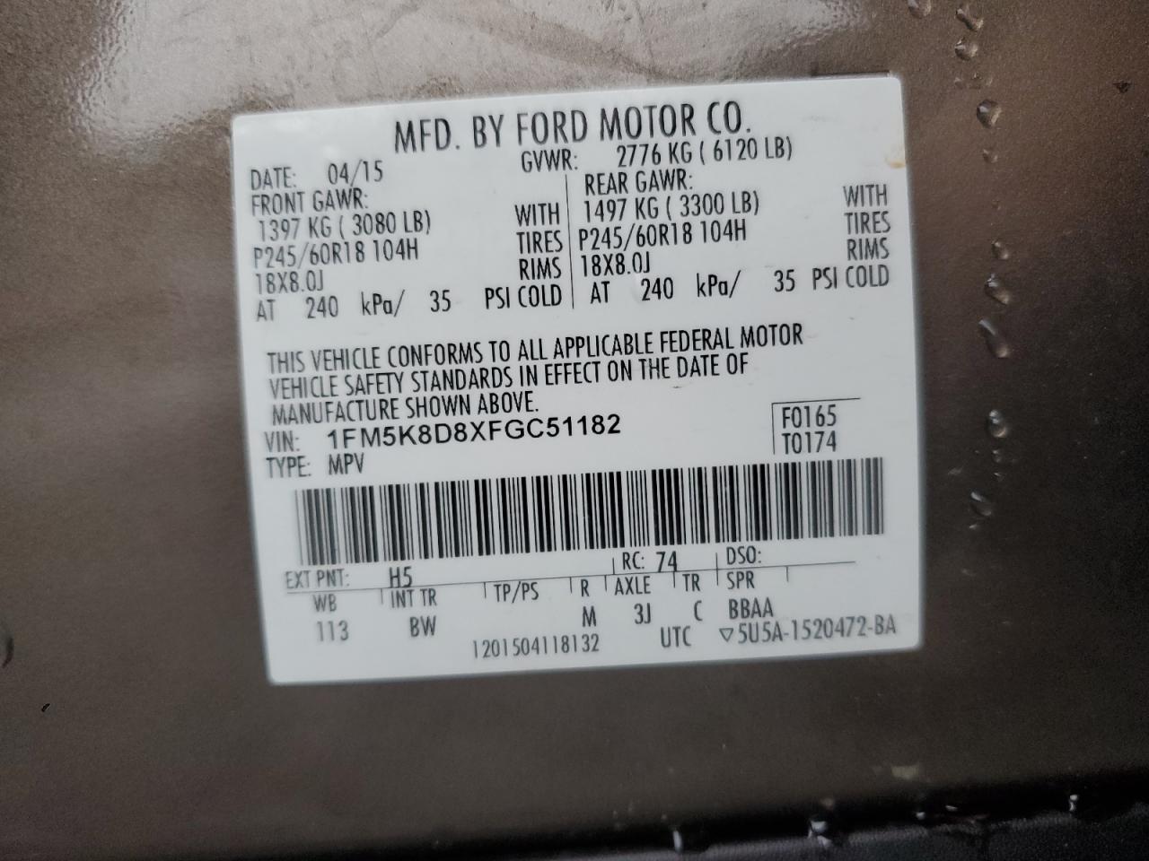 2015 Ford Explorer VIN 1FM5K8D8XFGC51182 Copart auction photo, front end damage thumbnail 15