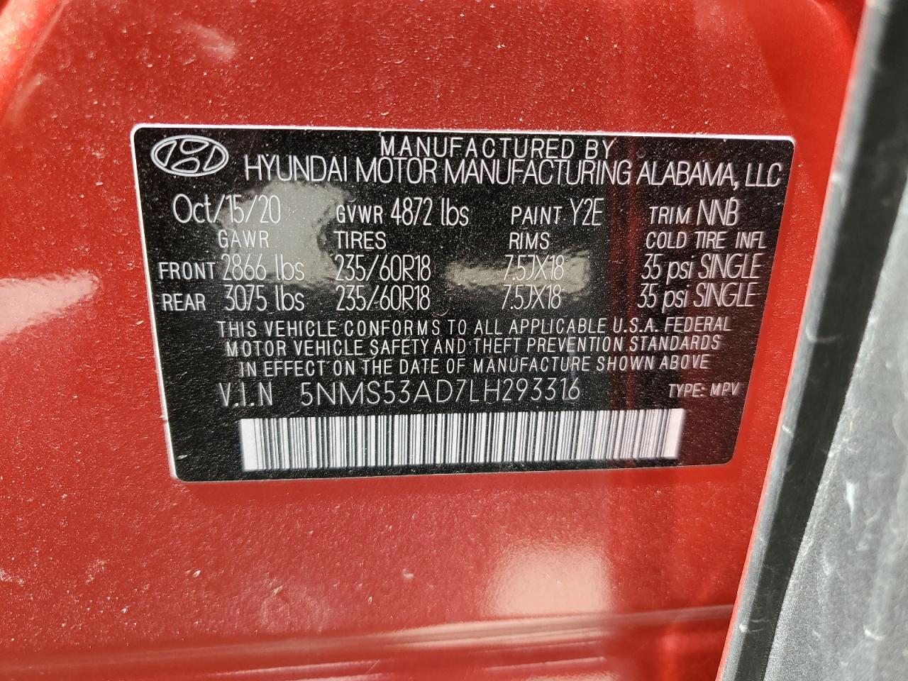 2020 Hyundai Santa Fe VIN 5NMS53AD7LH293316 Copart auction photo, front end / side damage thumbnail 14