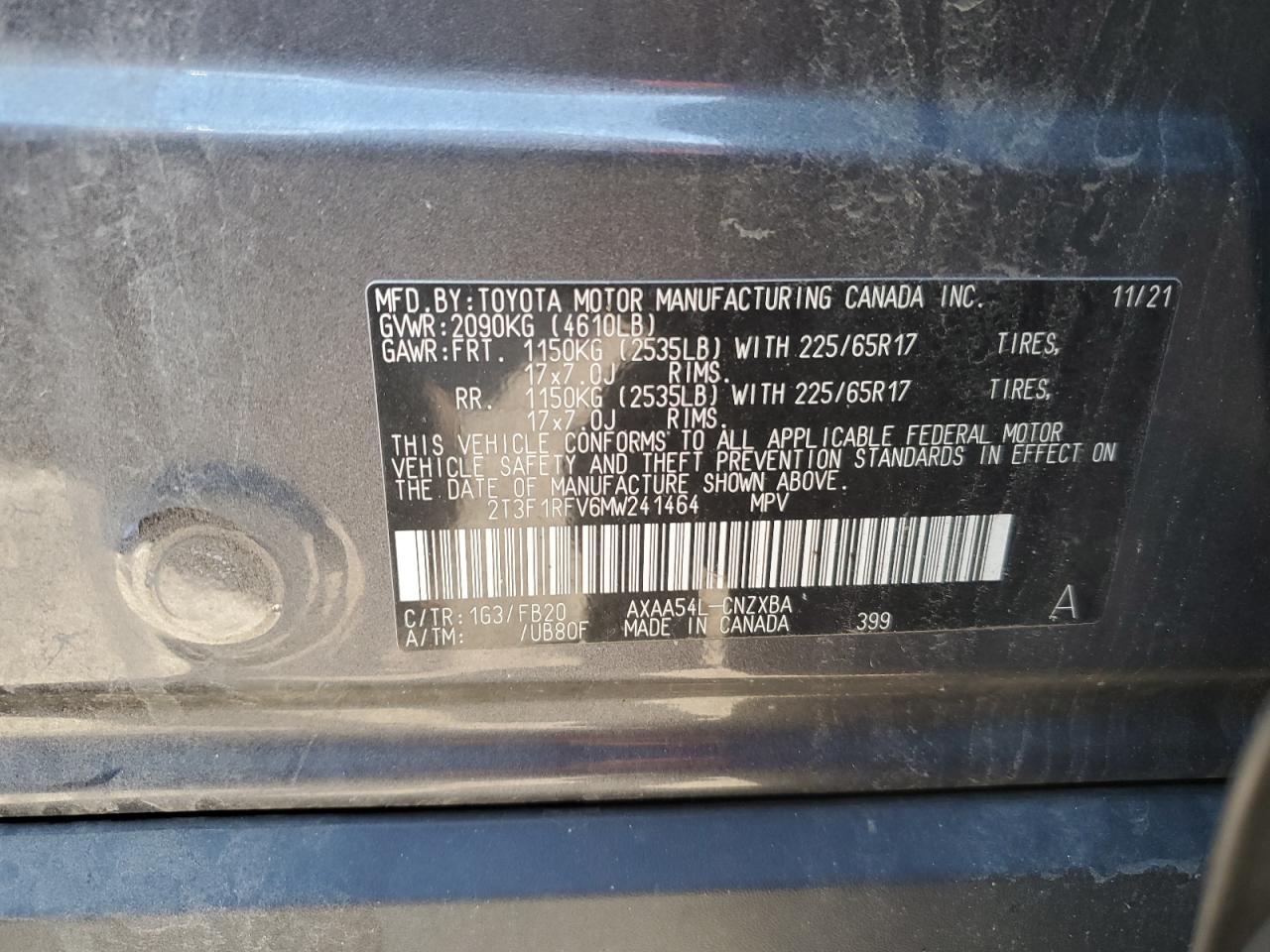 2021 Toyota RAV 4 VIN 2T3F1RFV6MW241464 Copart auction photo, front end damage thumbnail 15