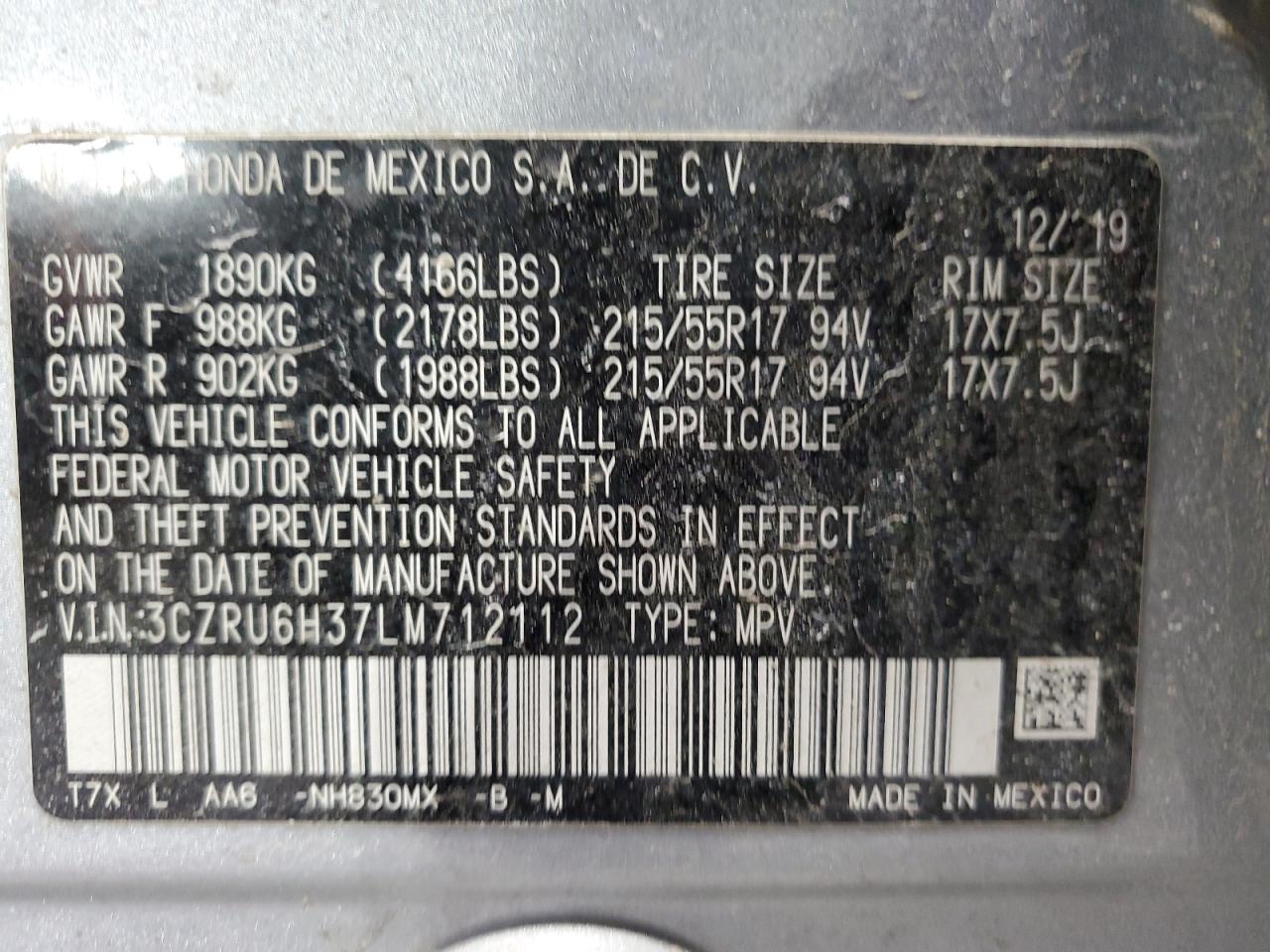 2020 Honda HR-V VIN 3CZRU6H37LM712112 Copart auction photo, front end damage thumbnail 12