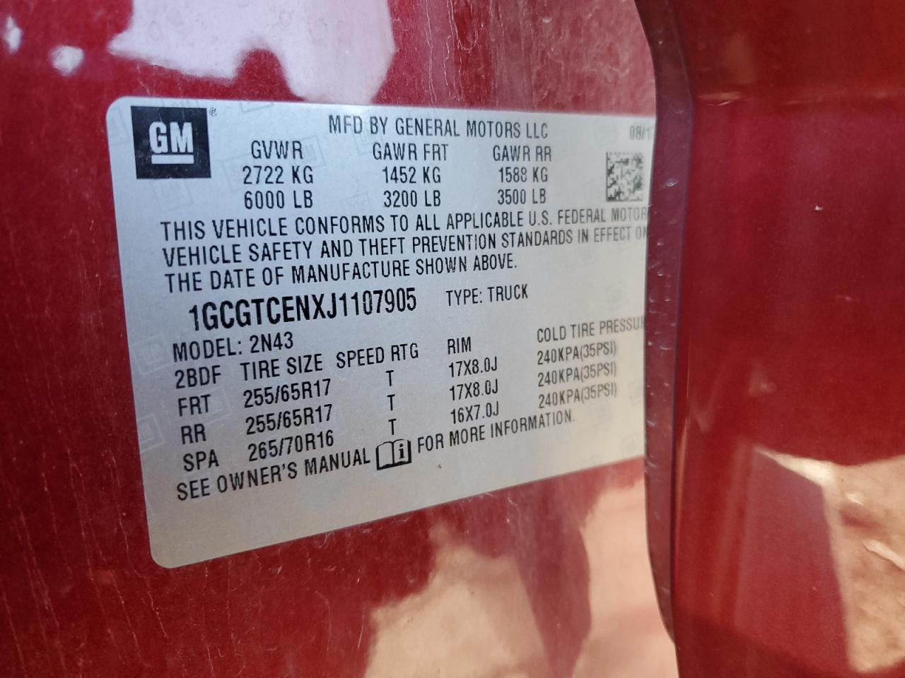 2018 Chevrolet Colorado VIN 1GCGTCENXJ1107905 Copart auction photo, rear end damage thumbnail 13