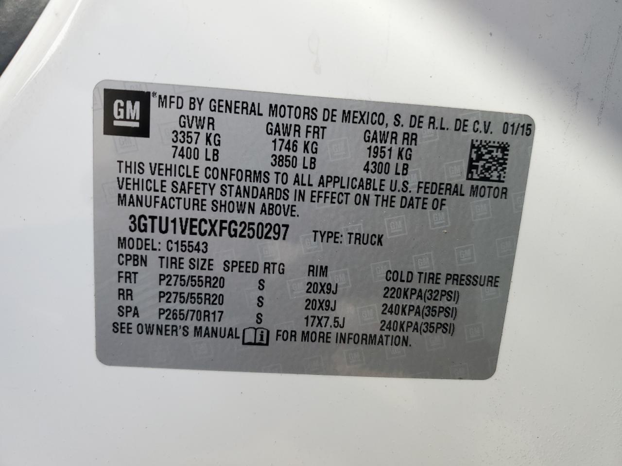 2015 GMC Sierra VIN 3GTU1VECXFG250297 Copart auction photo, side / rear end damage thumbnail 14