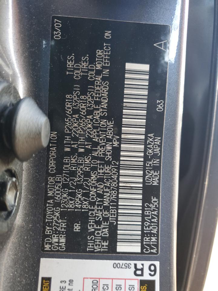 2007 Toyota 4Runner VIN JTEBT17R878040912 Copart auction photo, side damage thumbnail 15