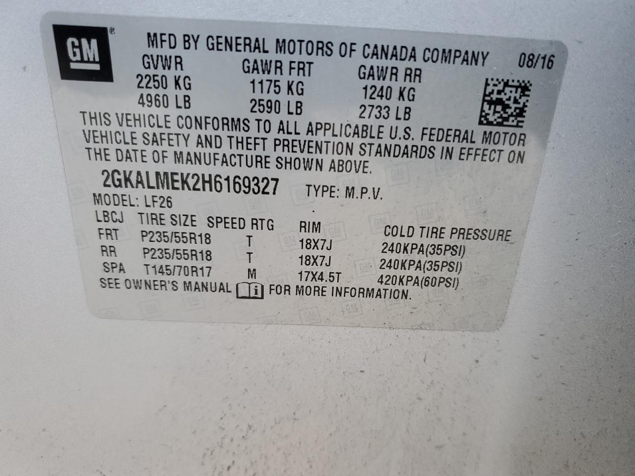 2017 GMC Terrain VIN 2GKALMEK2H6169327 Copart auction photo, front end / side damage thumbnail 13